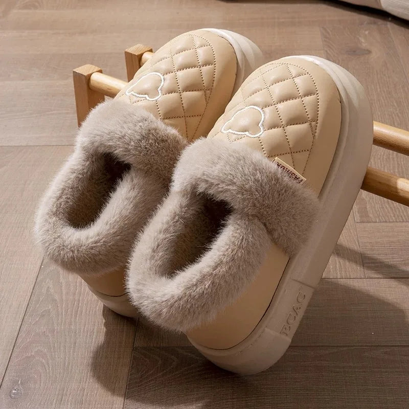 Fluffy mule slippers with a quilted faux leather upper, wide plush cuff and thick EVA sole - camel / taupe cuff