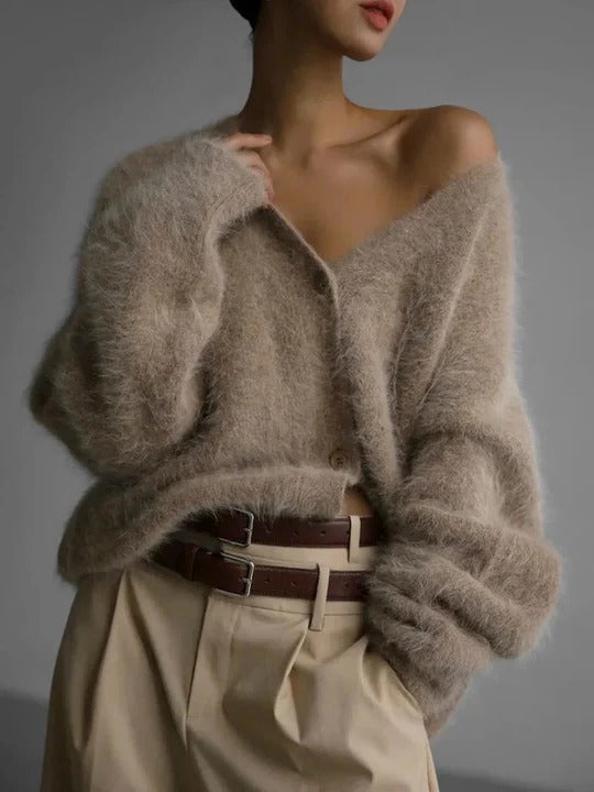 Women's fluffy oversized cardigan with a deep V-neck and button front - taupe