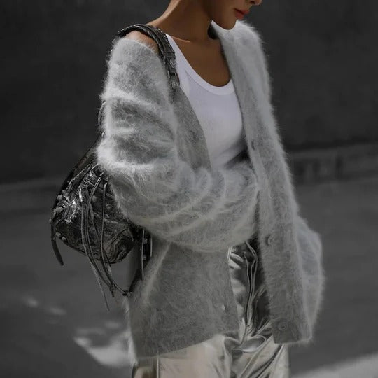 Women's fluffy oversized cardigan with a deep V-neck and button front - grey