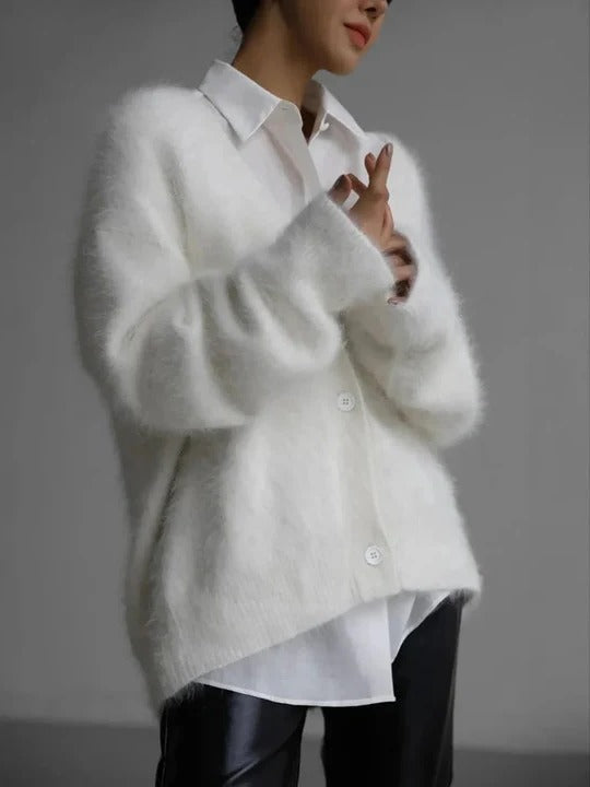 Women's fluffy oversized cardigan with a deep V-neck and button front - white