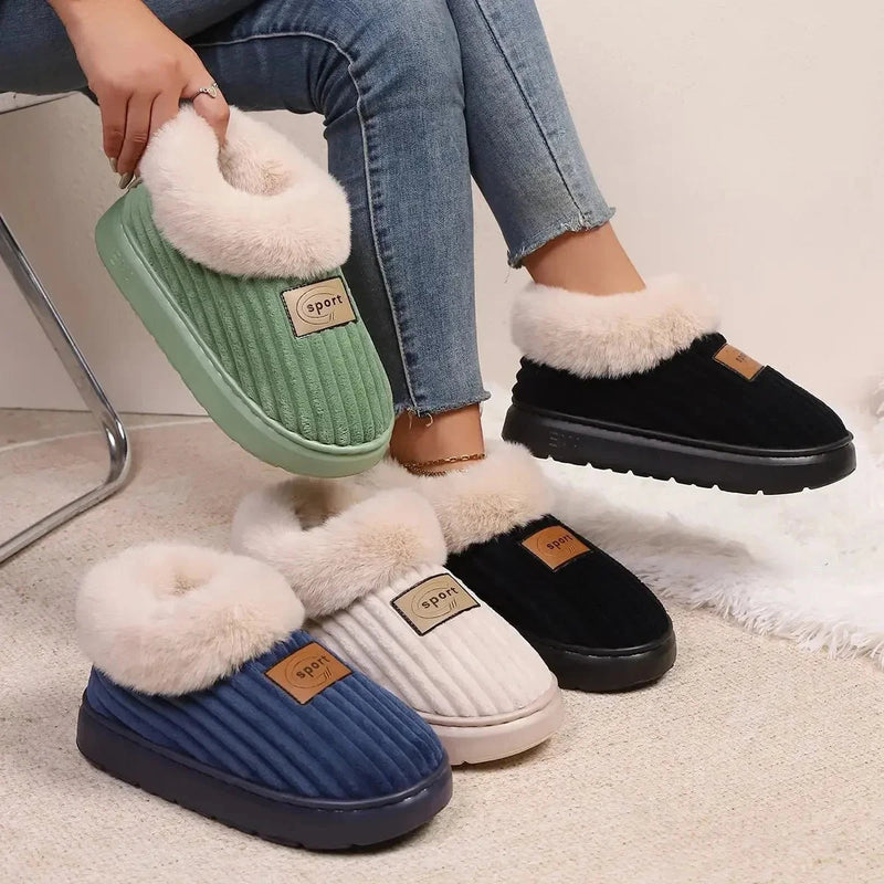Fluffy slippers with a platform sole, ribbed upper and plush cuff over the ankle - view 2