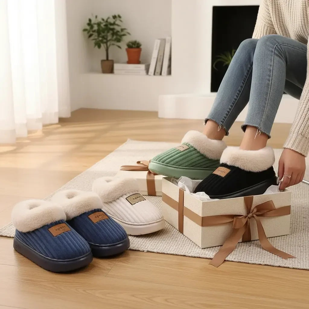 Fluffy slippers with a platform sole, ribbed upper and plush cuff over the ankle - view 4