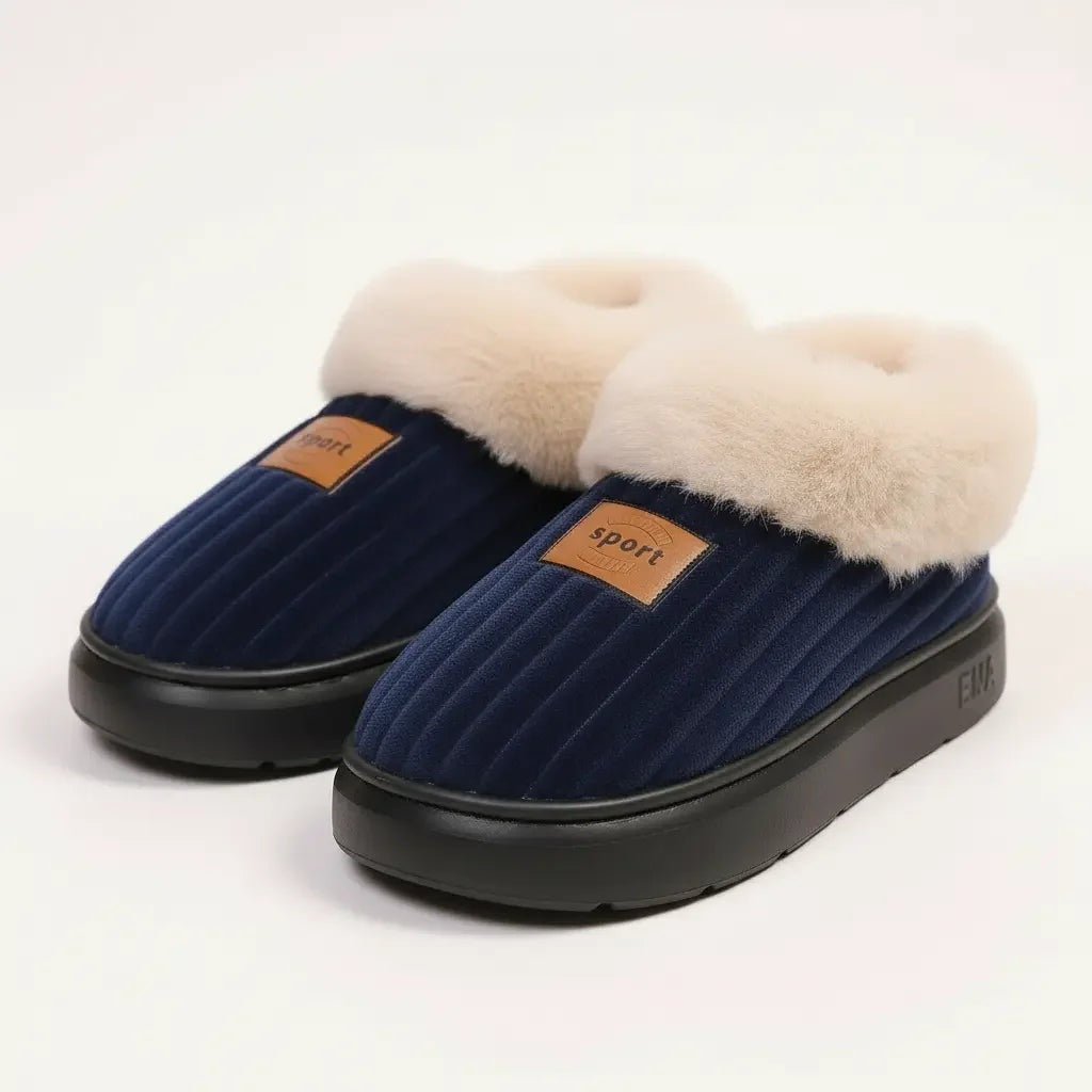 Fluffy slippers with a platform sole, ribbed upper and plush cuff over the ankle - navy