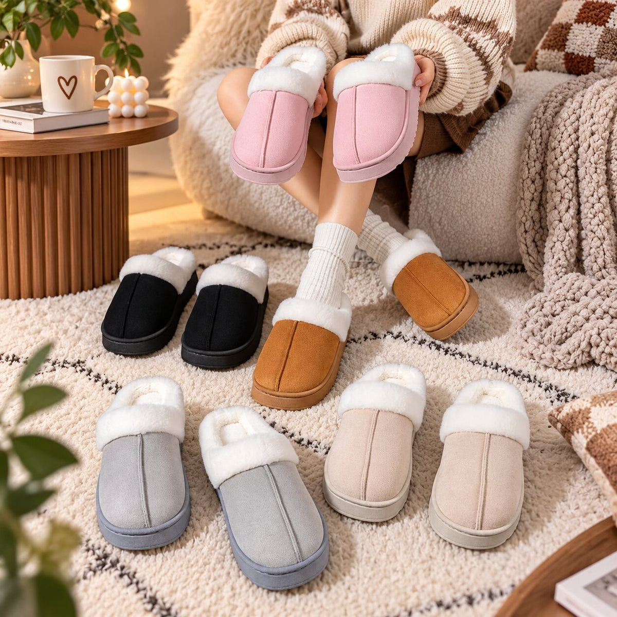 Fluffy platform slippers with a wide plush collar and open back - view 2