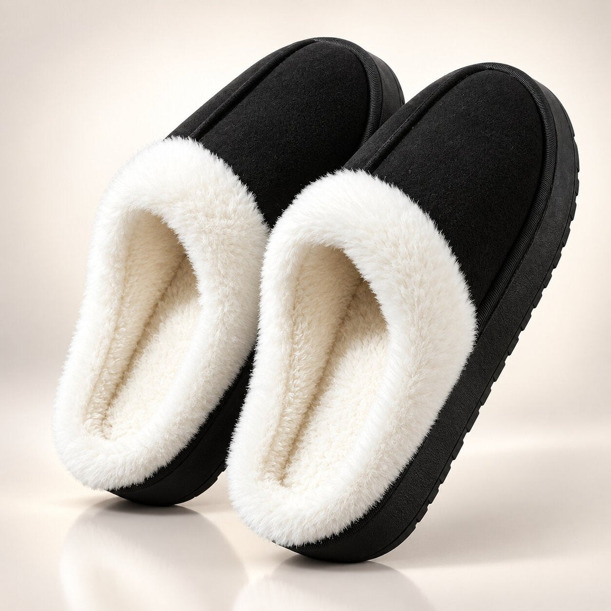 Fluffy platform slippers with a wide plush collar and open back - black