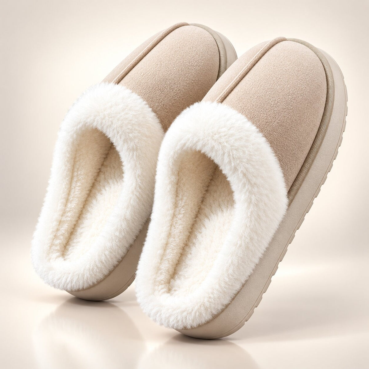 Fluffy platform slippers with a wide plush collar and open back - beige