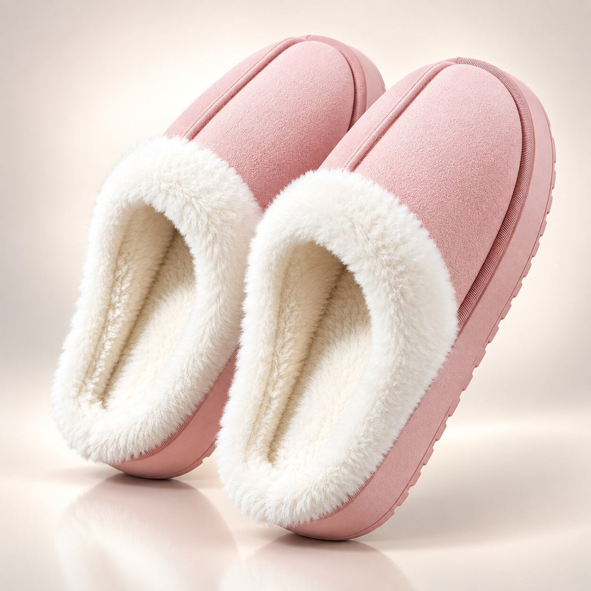 Fluffy platform slippers with a wide plush collar and open back - light pink
