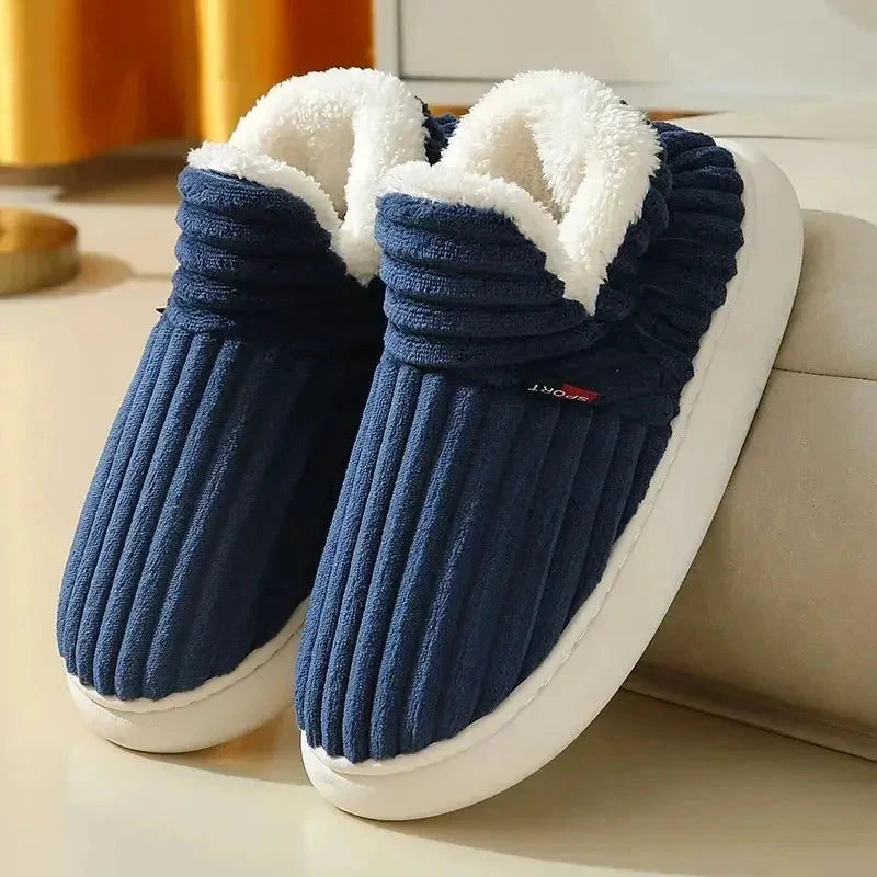 Fluffy slippers in wide-ribbed plush with a fold-over teddy collar - navy