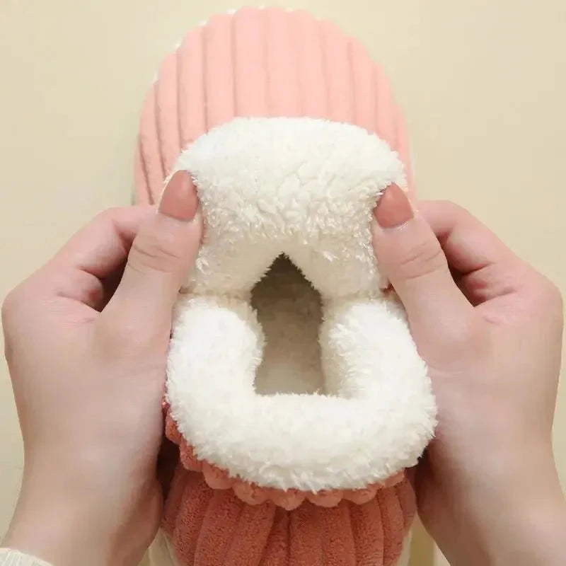 Fluffy slippers in wide-ribbed plush with a fold-over teddy collar - view 10