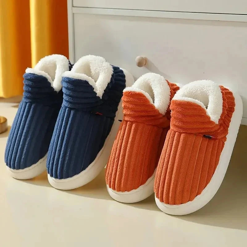 Fluffy slippers in wide-ribbed plush with a fold-over teddy collar - view 2