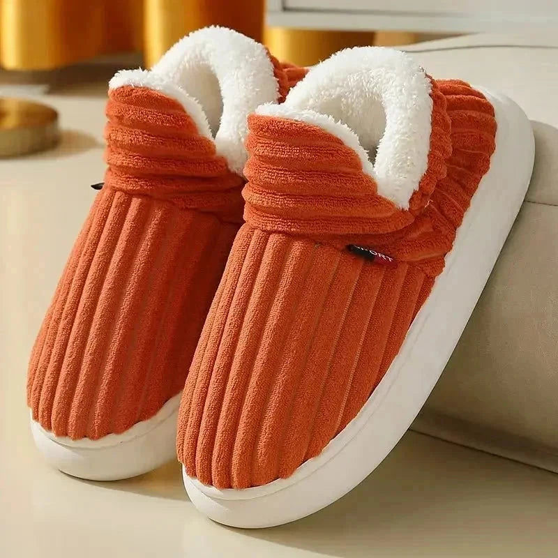 Fluffy slippers in wide-ribbed plush with a fold-over teddy collar - burnt orange