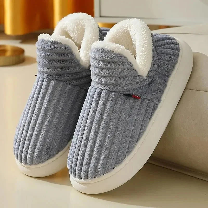 Fluffy slippers in wide-ribbed plush with a fold-over teddy collar - blue grey