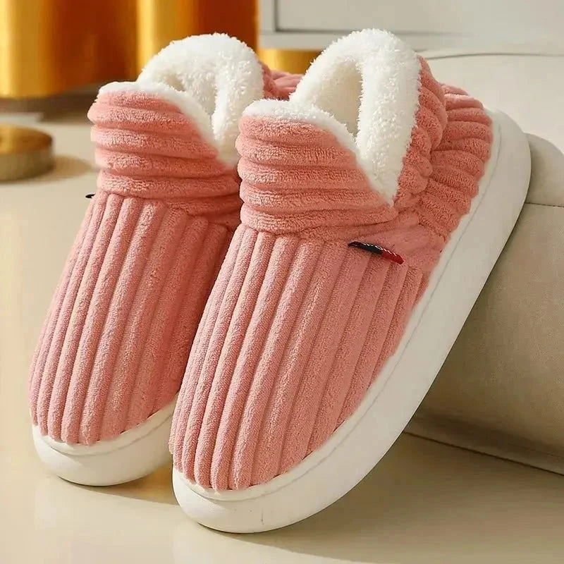 Fluffy slippers in wide-ribbed plush with a fold-over teddy collar - coral pink