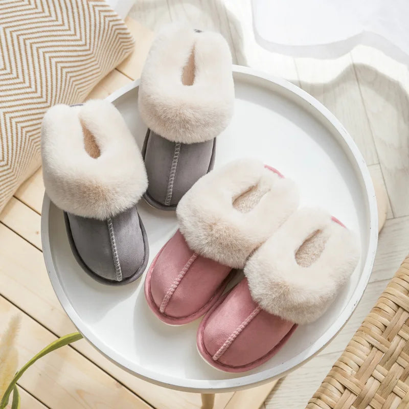 Fluffy scuff slippers in suede look with a wide plush collar and open back