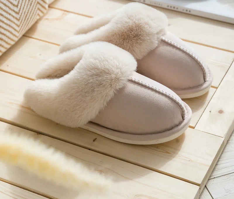 Fluffy scuff slippers in suede look with a wide plush collar and open back - beige