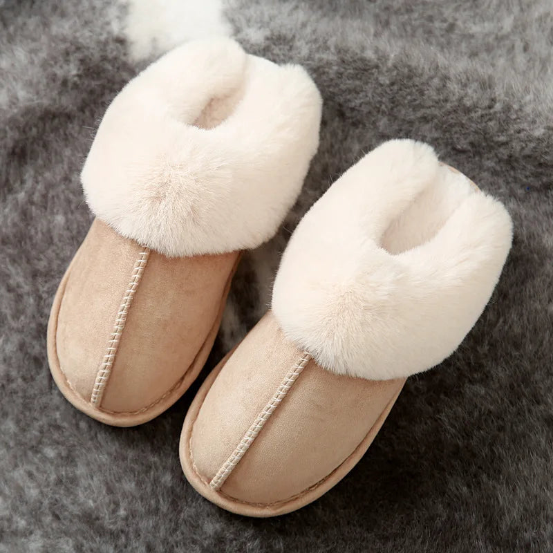 Fluffy scuff slippers in suede look with a wide plush collar and open back - view 3
