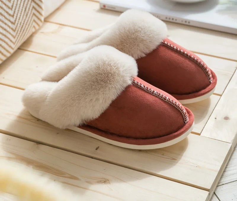 Fluffy scuff slippers in suede look with a wide plush collar and open back - brick red