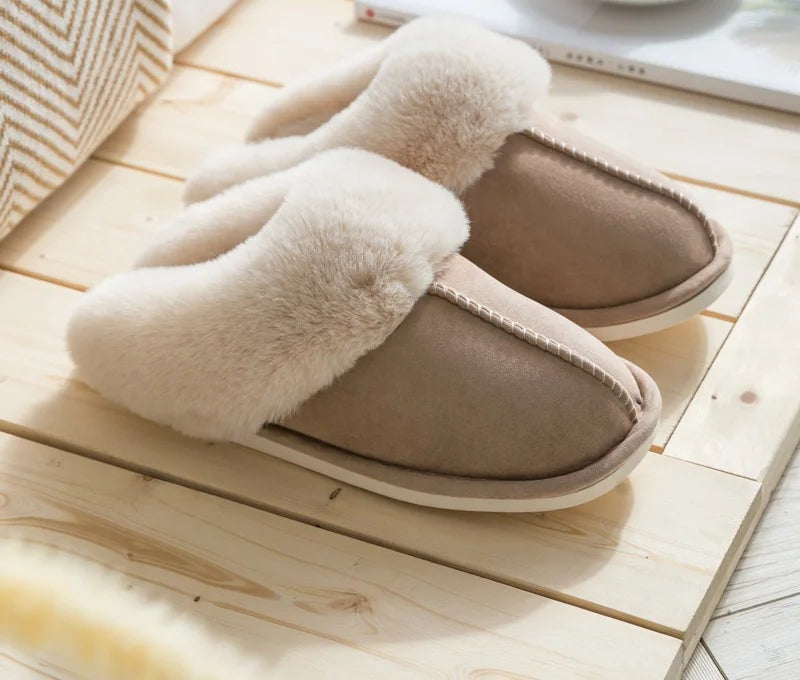Fluffy scuff slippers in suede look with a wide plush collar and open back - taupe