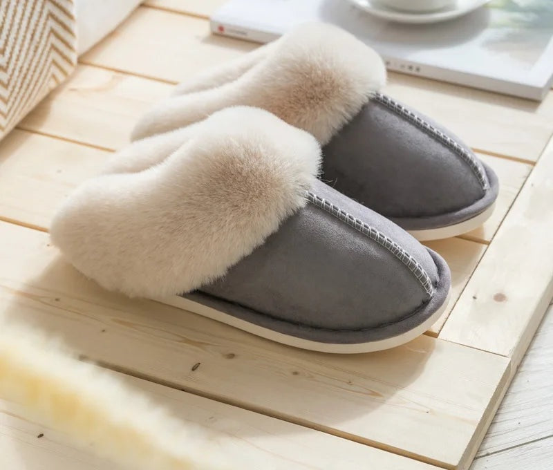 Fluffy scuff slippers in suede look with a wide plush collar and open back - grey