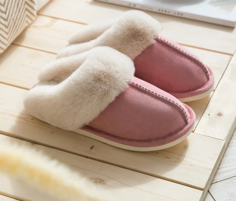Fluffy scuff slippers in suede look with a wide plush collar and open back - dusty pink