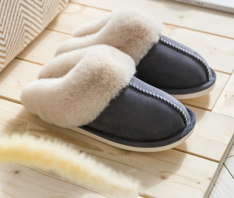 Fluffy scuff slippers in suede look with a wide plush collar and open back - charcoal