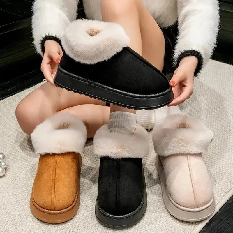 Fluffy slippers in a suede look with a fold-over plush cuff and platform sole