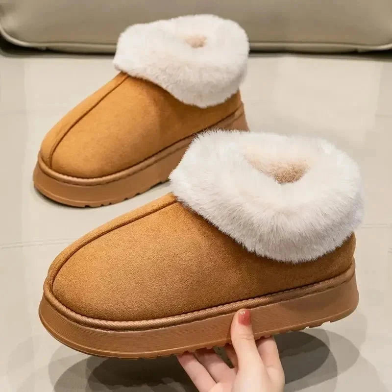 Fluffy slippers in a suede look with a fold-over plush cuff and platform sole - view 2
