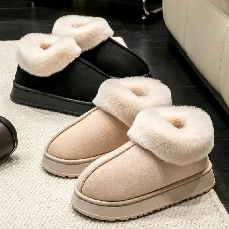 Fluffy slippers in a suede look with a fold-over plush cuff and platform sole - view 3