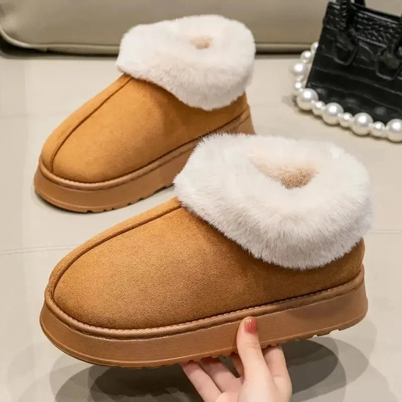 Fluffy slippers in a suede look with a fold-over plush cuff and platform sole - camel