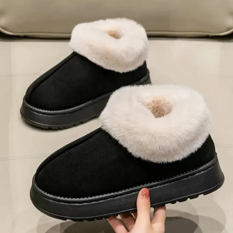 Fluffy slippers in a suede look with a fold-over plush cuff and platform sole - black