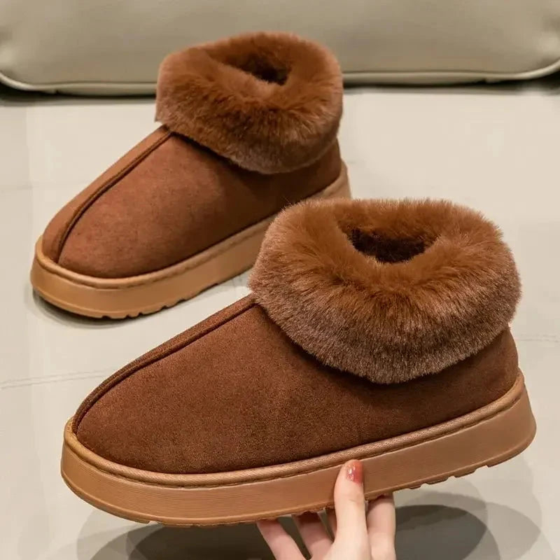 Fluffy slippers in a suede look with a fold-over plush cuff and platform sole - brown
