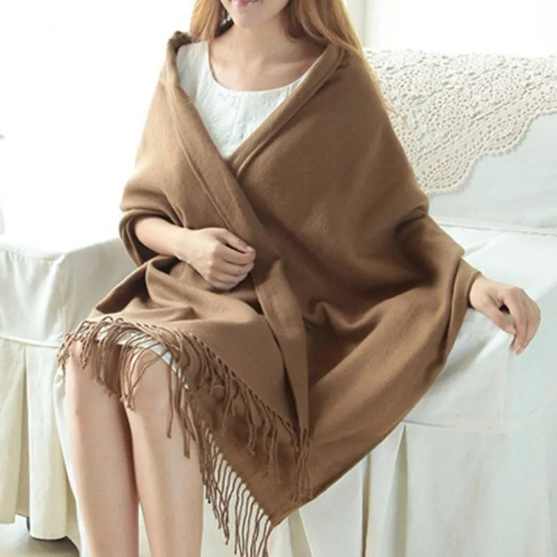 Women's large woven wrap scarf with a fringe at both ends - camel