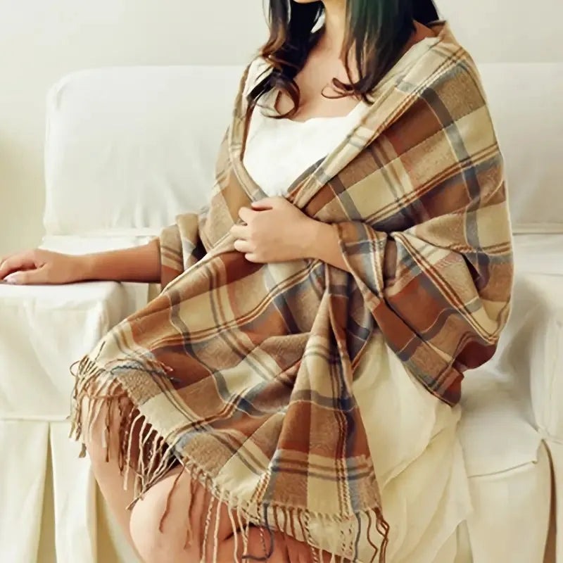 Women's large woven wrap scarf with a fringe at both ends - beige tartan