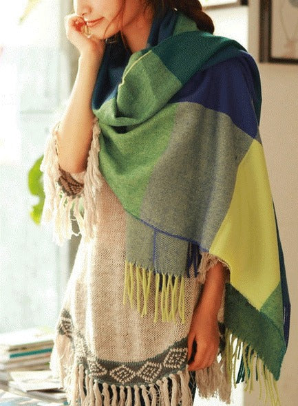 Women's large woven wrap scarf with a fringe at both ends - green colour block