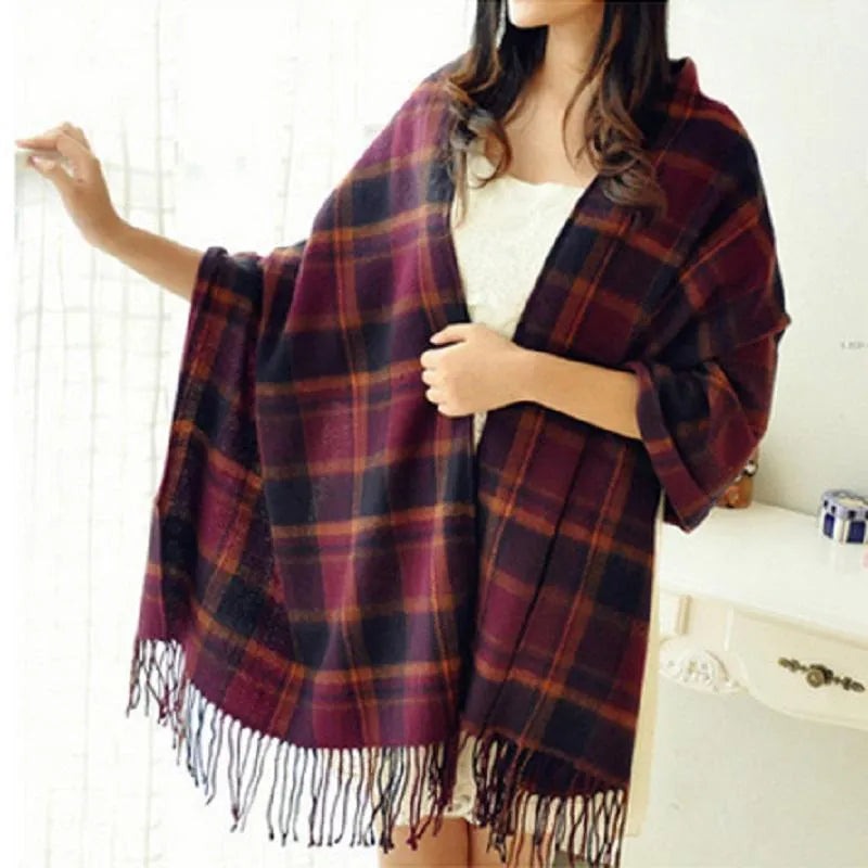 Women's large woven wrap scarf with a fringe at both ends - burgundy tartan