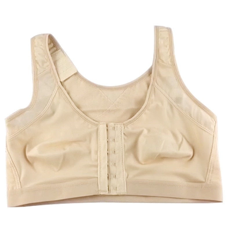Front-closure bra with crossback panels, mesh inserts and wide straps