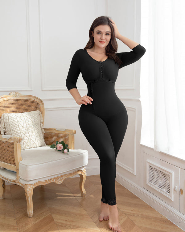Full-length shapewear jumpsuit with scoop neck and mid-length sleeves - black