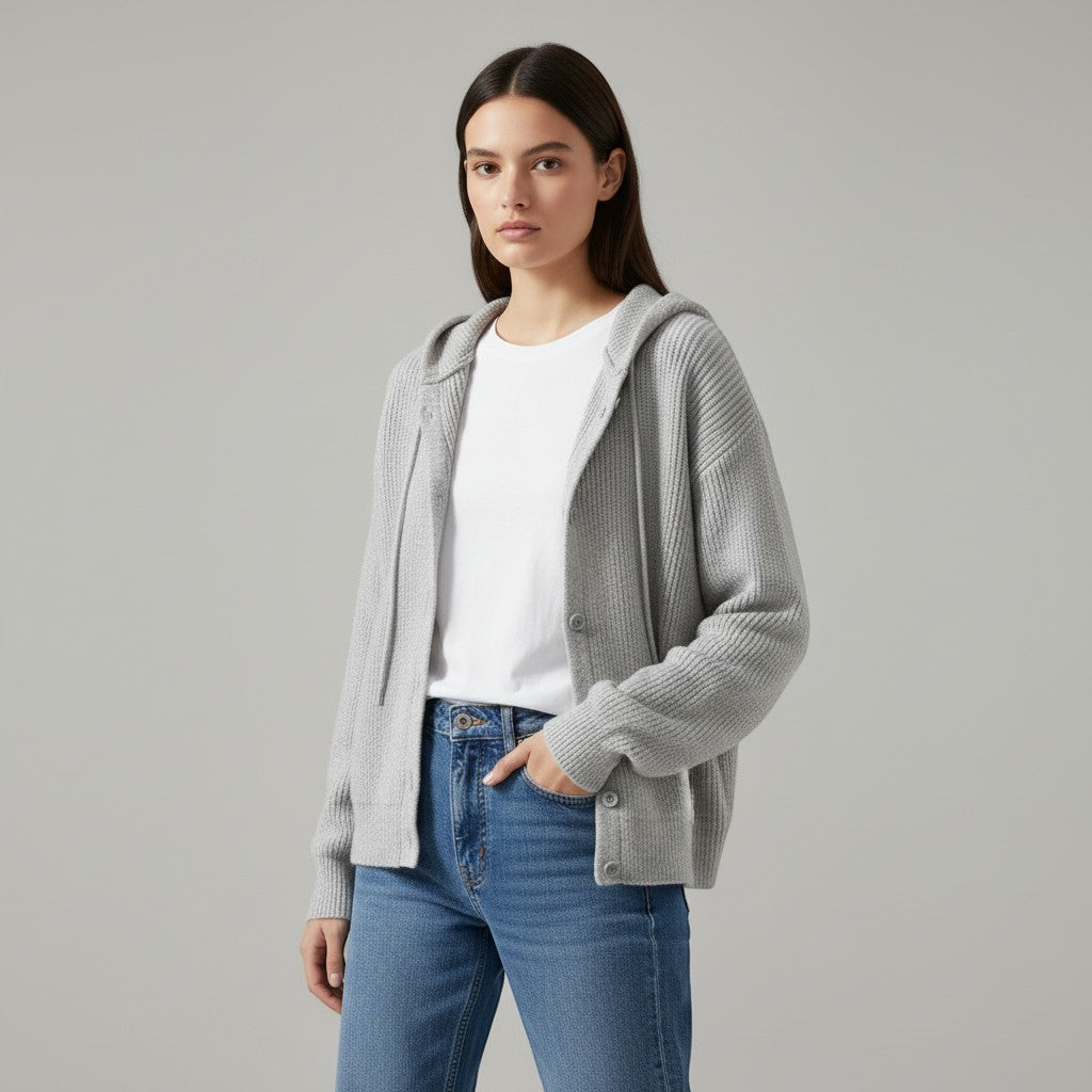 Soft hooded knit cardigan with a button front and dropped shoulders in grey