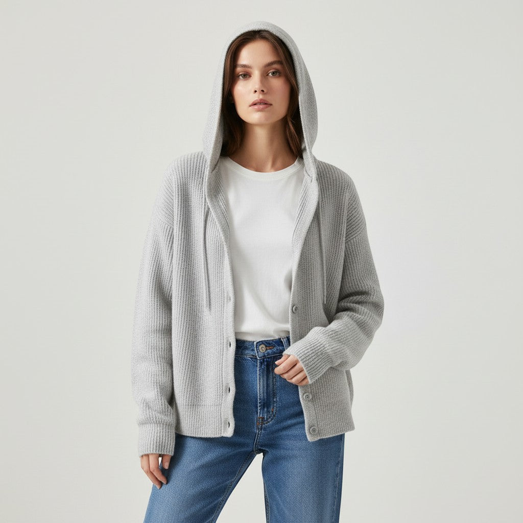 Soft hooded knit cardigan with a button front and dropped shoulders