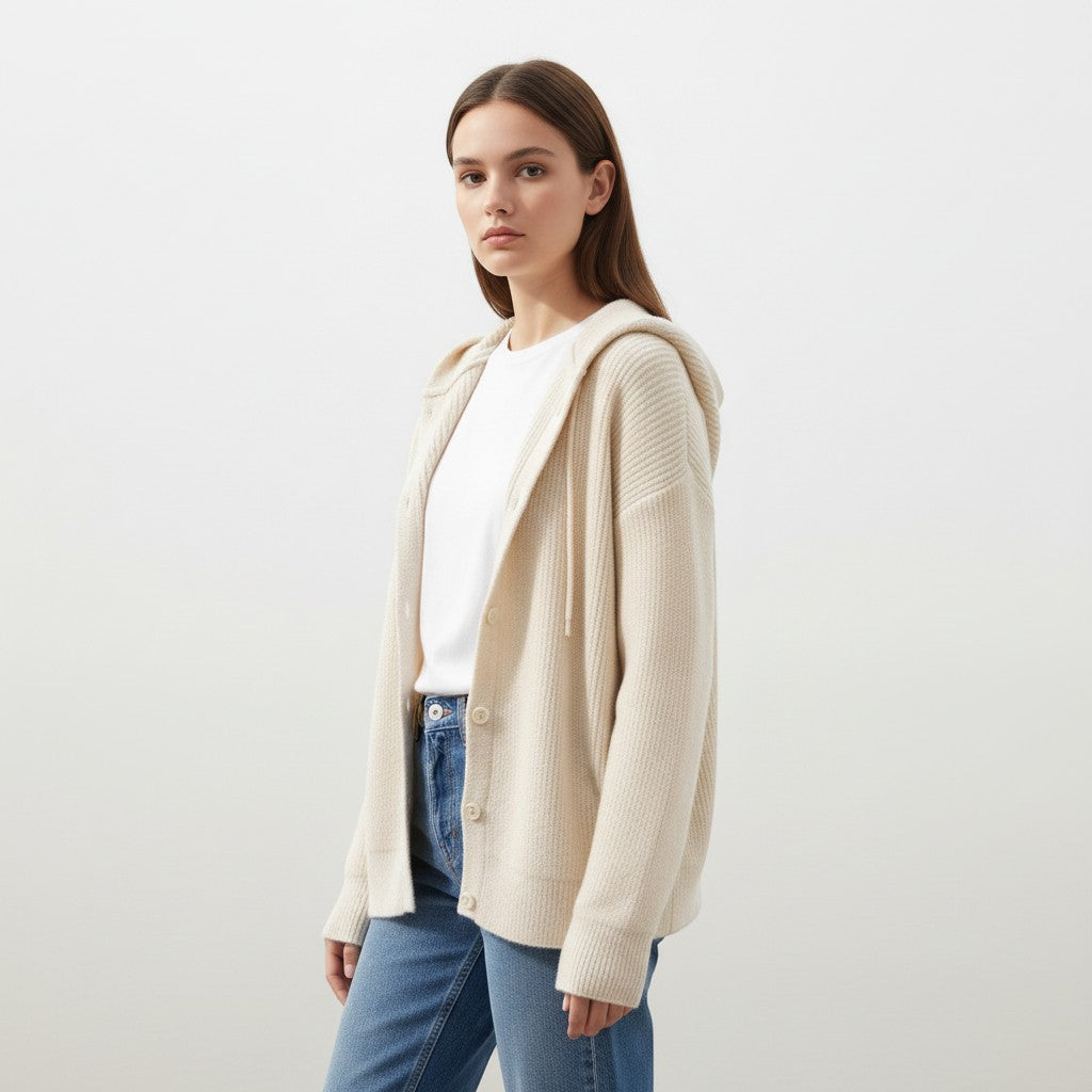 Soft hooded knit cardigan with a button front and dropped shoulders