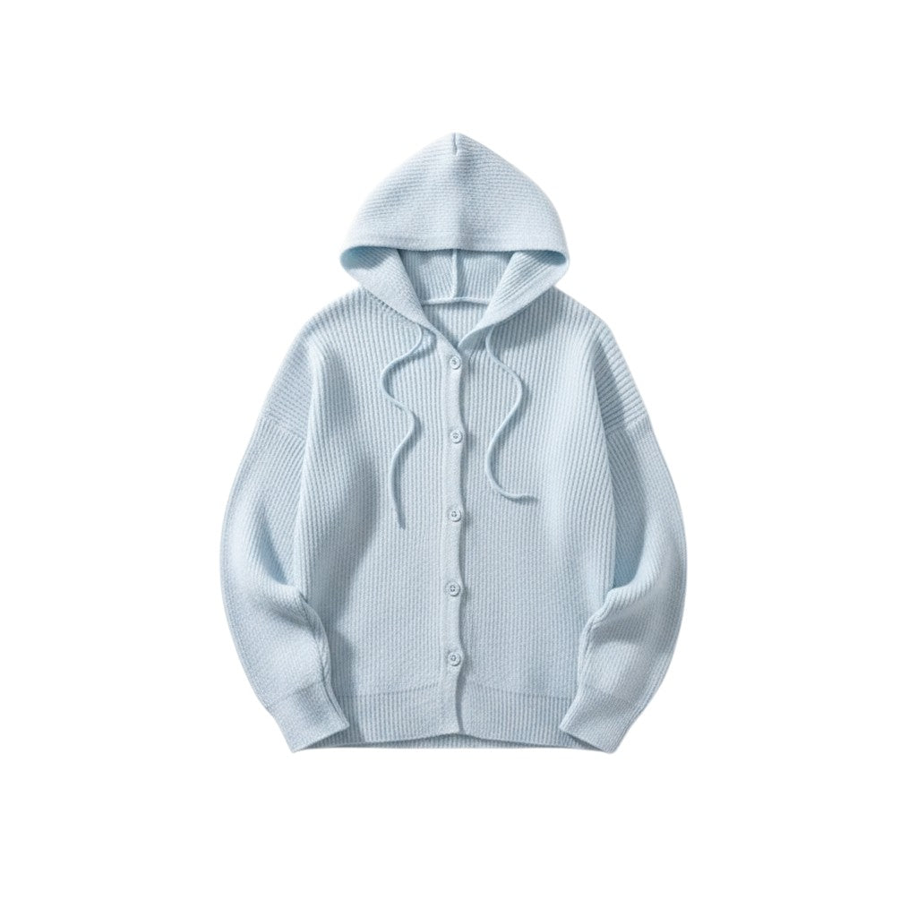 Soft hooded knit cardigan with a button front and dropped shoulders