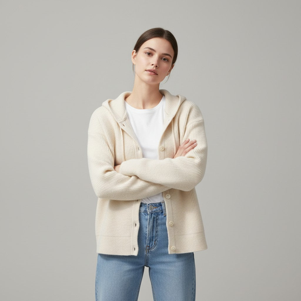 Soft hooded knit cardigan with a button front and dropped shoulders