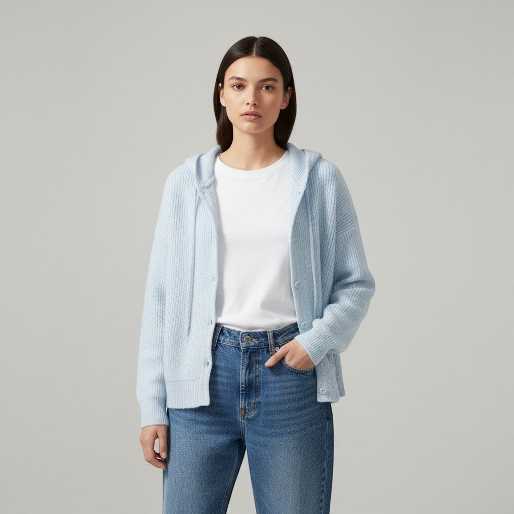 Soft hooded knit cardigan with a button front and dropped shoulders