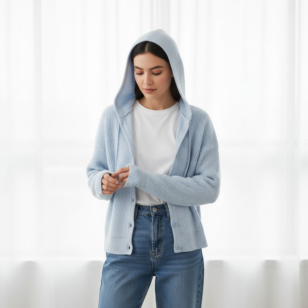 Soft hooded knit cardigan with a button front and dropped shoulders