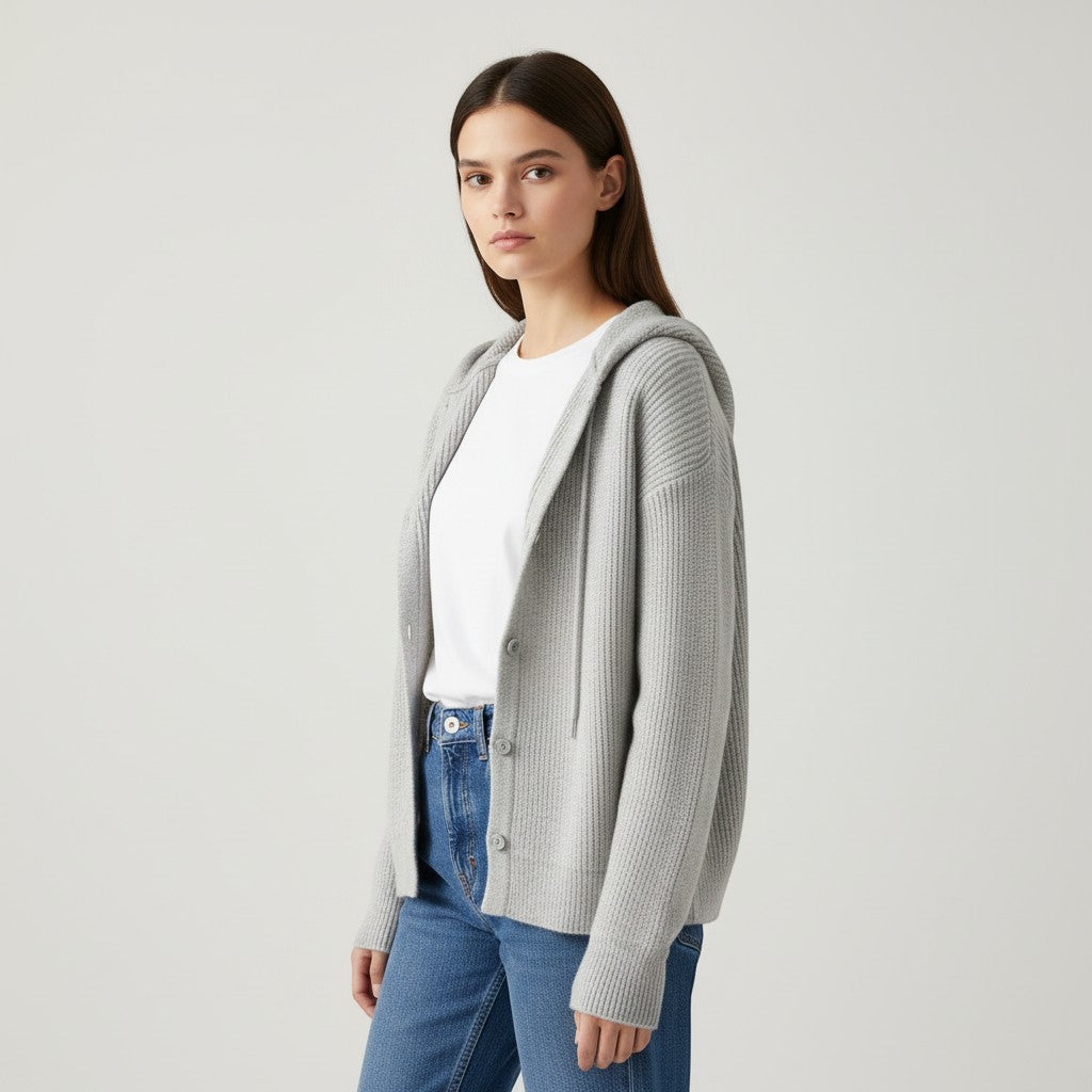 Soft hooded knit cardigan with a button front and dropped shoulders