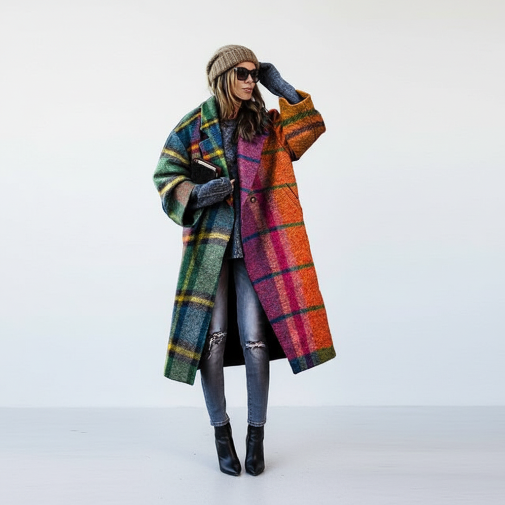 Full-length view of the multicolour plaid longline coat with boots and a beanie