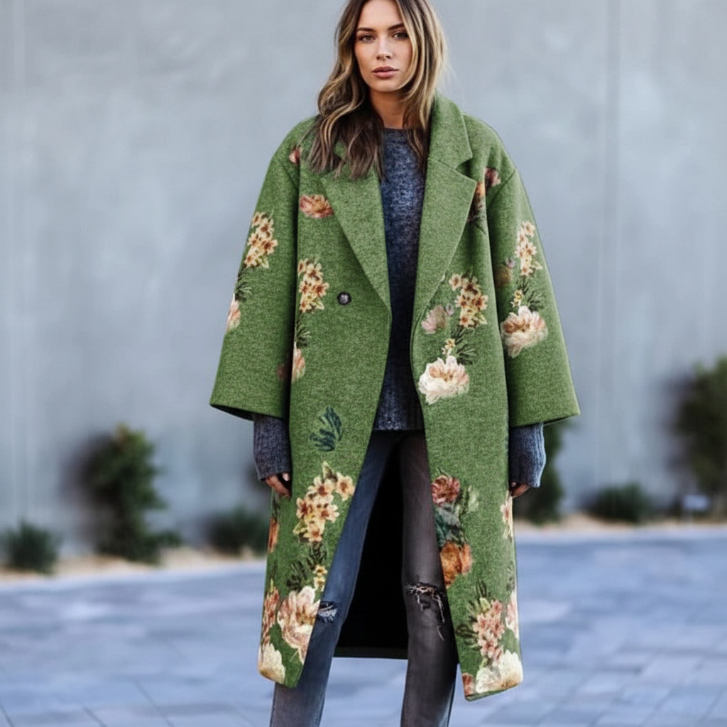 Green longline coat with a floral print and lapel collar, worn open
