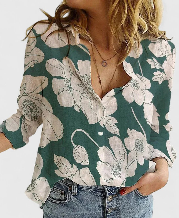 Women's Top - Linen Button Down Shirt with Lapel Collar in Blue 2