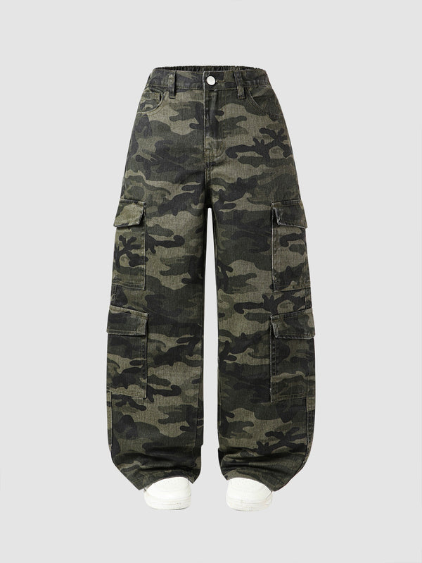 Cargo jeans for girls in cotton denim with large side pockets and a straight leg - green camo