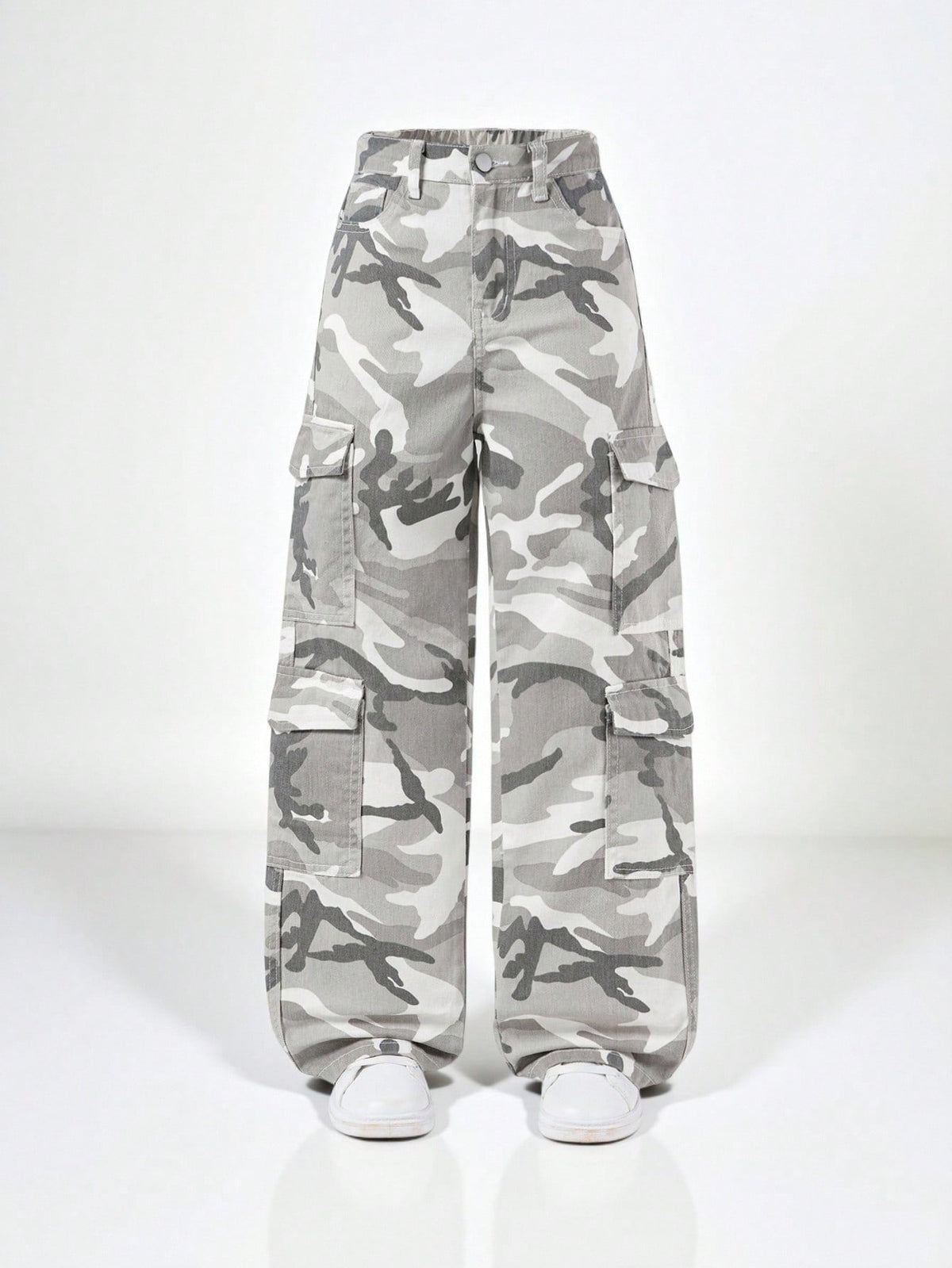 Cargo jeans for girls in cotton denim with large side pockets and a straight leg - snow camo
